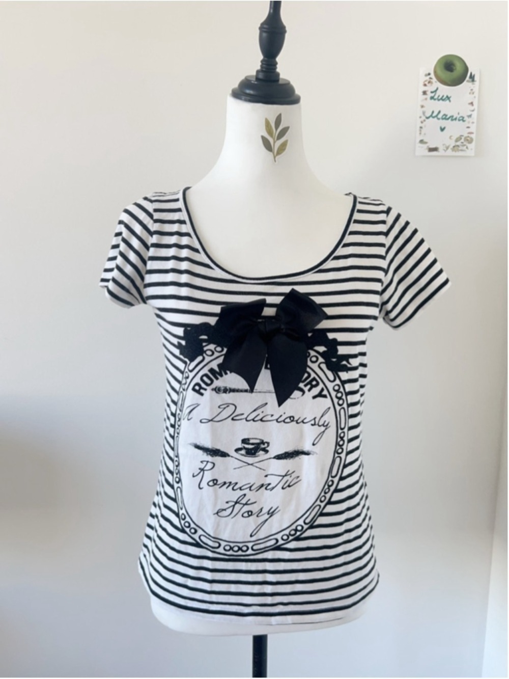 VILA Black White Striped Bow Graphic Tee S Coquette Y2K Retro French Romantic